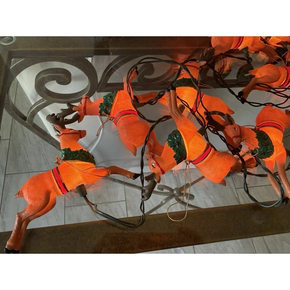 Vintage Kurt Adler Lighted SANTA Sleigh 8 Reindeer Novelty Christmas Lights